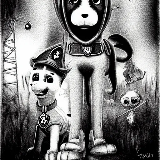 Image similar to Paw patrol, Stephen Gammell style, Scary Stories, horror, black and white