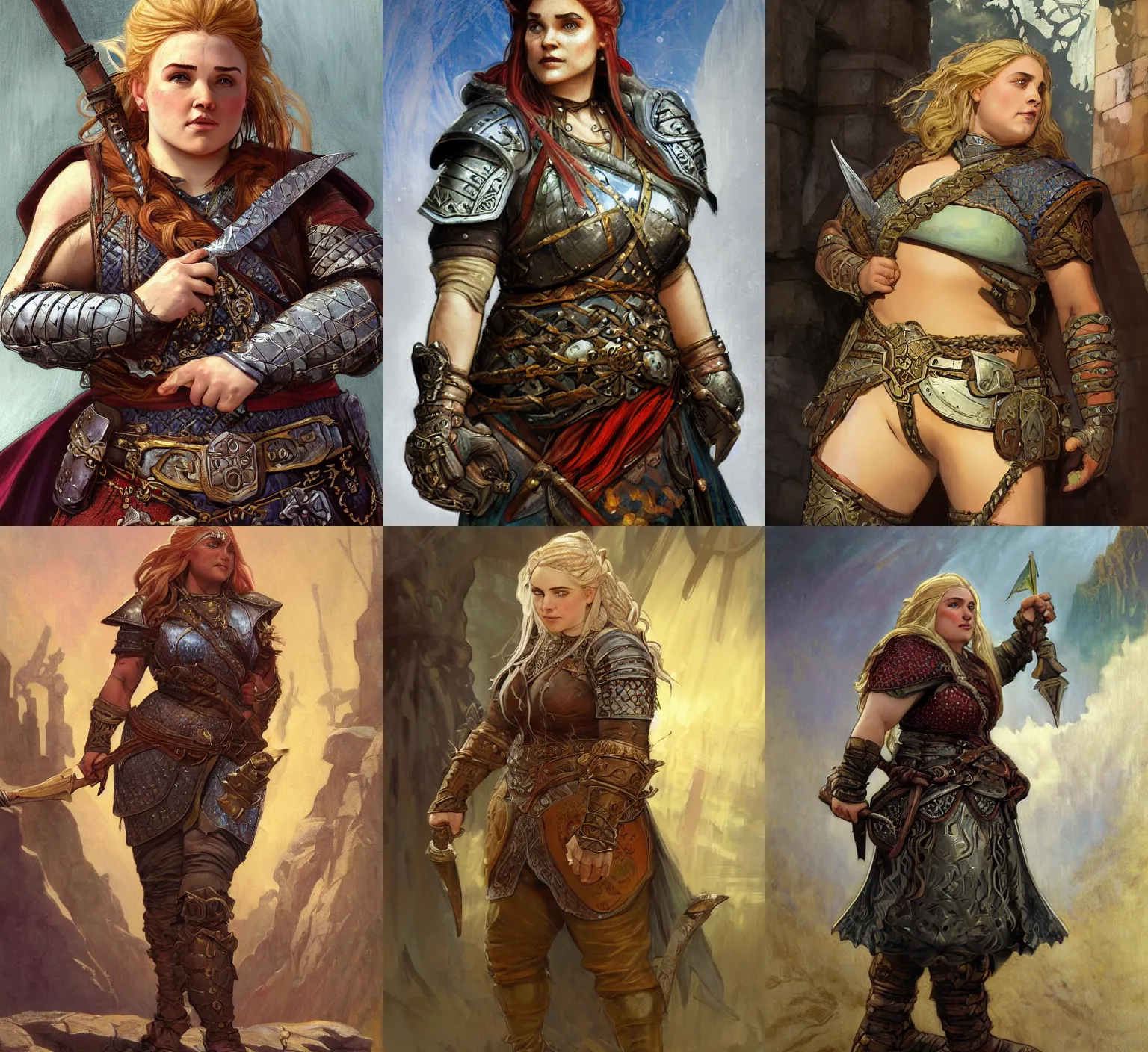 Prompt: Boldara the female dwarf. A noble dwarven warrior and blacksmith wearing iron breastplate. Chubby plump body. complex blonde braided hair. Fantasy concept art. Moody Epic painting by James Gurney, and Alphonso Mucha. ArtstationHQ. painting with Vivid color. (Dragon age, witcher 3, lotr)
