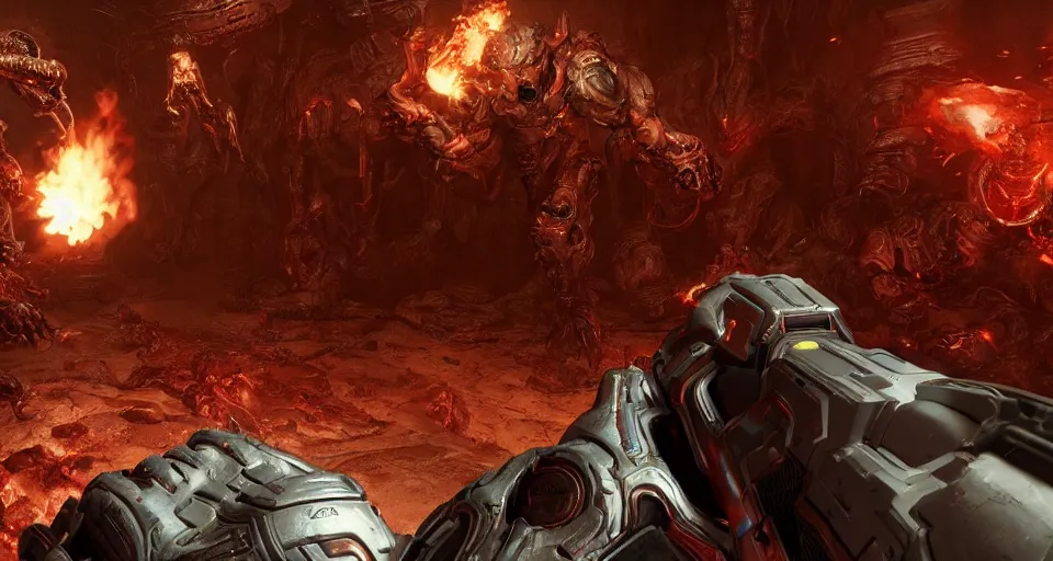 Image similar to gameplay of doom eternal, ambient lighting, concept art, intricate, hyper detailed, smooth, action, volumetric lighting, 3 d render, unreal, octane