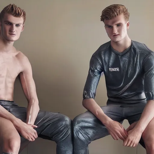 Image similar to a realistic detailed photo of a guy who is an attractive humanoid who is half robot and half humanoid, who is a male android, soccer players martin ødegaard & timo werner, shiny skin, posing like a statue, blank stare, in a living room, on display, showing off his muscles, gold soccer shorts, no jersey, statue, many copies of them