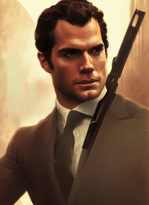 Image similar to portrait of henry cavill as james bond, key art, sprinting, palm trees, highly detailed, digital painting, artstation, concept art, cinematic lighting, sharp focus, illustration, by gaston bussiere alphonse mucha