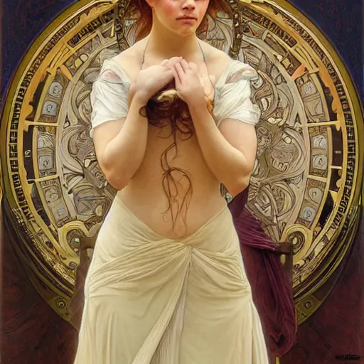 Image similar to detailed portrait art nouveau painting of a humanoid cyborg Chloe Grace Moretz, and Emma Watson with anxious, piercing eyes, by Alphonse Mucha, Michael Whelan, William Adolphe Bouguereau, John Williams Waterhouse,and Donato Giancola