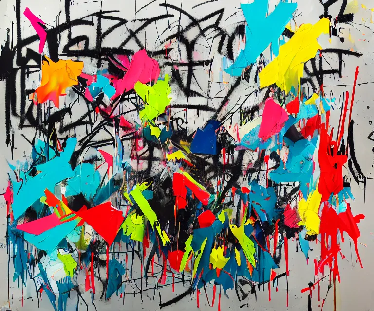 Image similar to acrylic and spraypaint, painting, paint drips, acrylic, graffiti throws, wildstyle, clear shapes, spraypaint, smeared flowers, origami crane drawings, oil pastel gestural lines, large triangular shapes, painting by ashley wood, basquiat, banksy