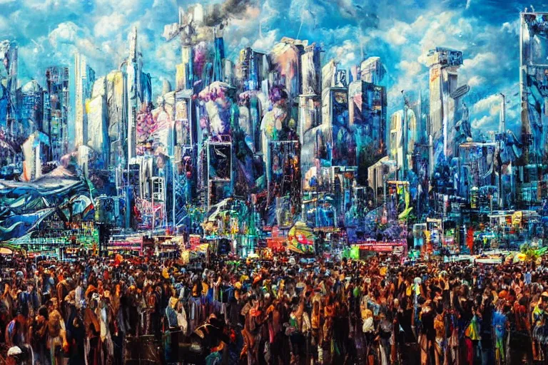 Image similar to 4 k hyper realistic oil painting of 2 0 0 0 s city at amn electronic music festival, rave, huge stage booming hard techno music, detailed painting in the style of walter douglas