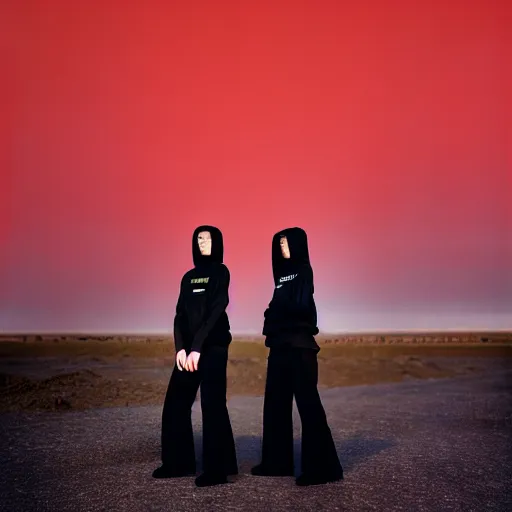 Prompt: cinestill 5 0 d photograph of 2 women wearing black techwear in front of a brutalist sharp - edged metal building, on a desolate plain, red eerie sky, sigma 8 5 mm f / 1. 4, 4 k, depth of field, high resolution, highly detailed, 4 k, 8 k, hd, full color