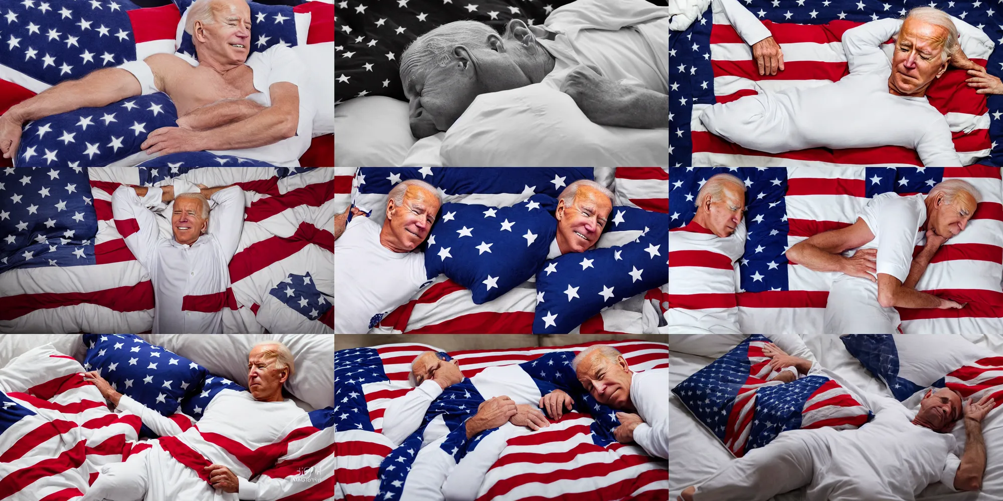 Prompt: a photograph of joe biden laying his head down on an american-flag pillow, wearing white pajamas, closed-eyes, symetrical, hyper-realistic, detailed, 8K