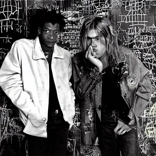 Image similar to portrait photo of jean - michel basquiat and kurt cobain in basquiat ’ s studio, photorealistic,