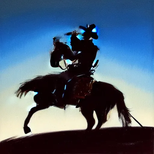 Prompt: a painting of a silhouette of a cowboy riding a horse into the dark horizon, high contrast, black and blue color scheme, dark, creepy, night, far away, in the distance, in the style of Norman Rockwell