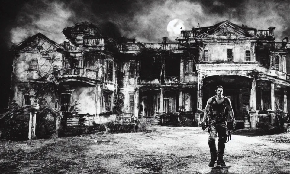 Image similar to 35mm film still, Resident evil, chris redfield in front of mansion, zombie, spooky, horror, old, dirty, reversal film stock