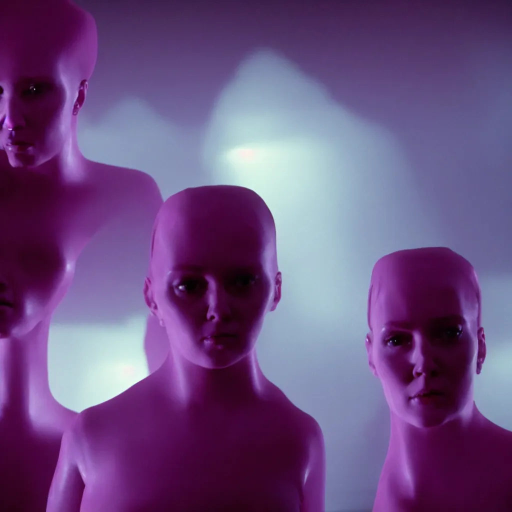 Image similar to cinestill of a giant form made of purple wax float through the living room film still from the movie directed by denis villeneuve with art direction, pouring rain menacing lights shadows, 8 k, hd, high resolution, 3 5 mm, f / 3 2, ultra realistic faces, lost highway