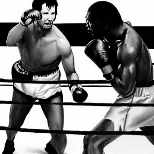 Prompt: Keanu Reeves knocking out Mike Tyson in boxing match, photorealism