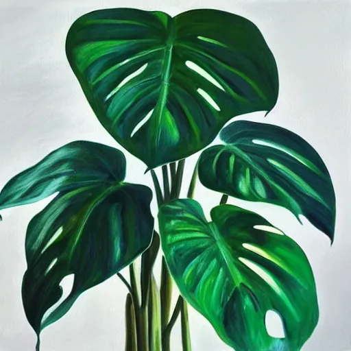 Image similar to “painting of a monstera plant, beams of sunlight streaming through the window, oil on canvas, hd”