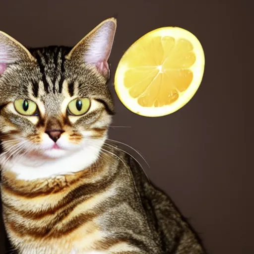 Image similar to photo of a tabby cat with a lemon for a head