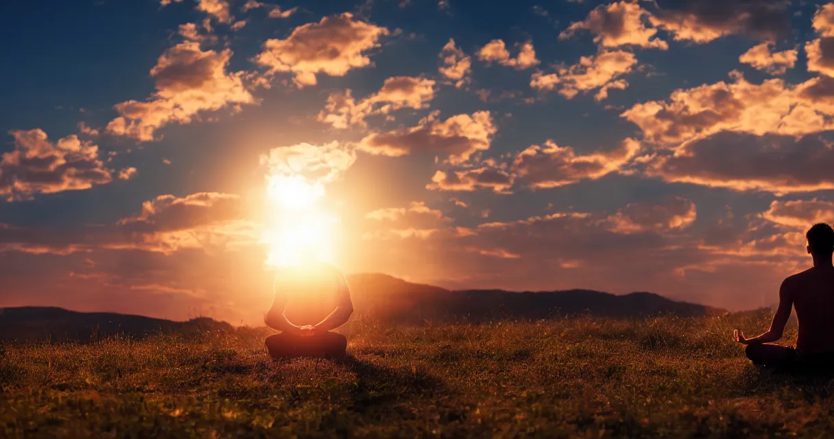 Prompt: wide range backlit photo of a man meditating, at a beautiful sunset, highly detailed, colorful,