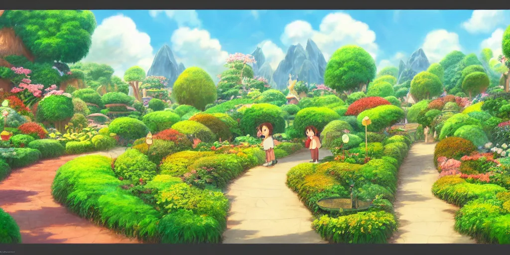 Image similar to background plate matte painting ghibli miyamoto pixar dreamworks sunny garden full of life.