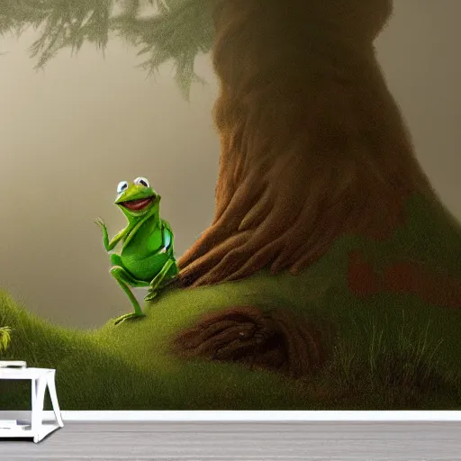Image similar to highly detailed portrait of kermit the frog ((kermit the frog)) near a giant fallen sequoia tree. Fog. Painting by Caspar David Friedrich,Caravaggio, 4k, sepia tone