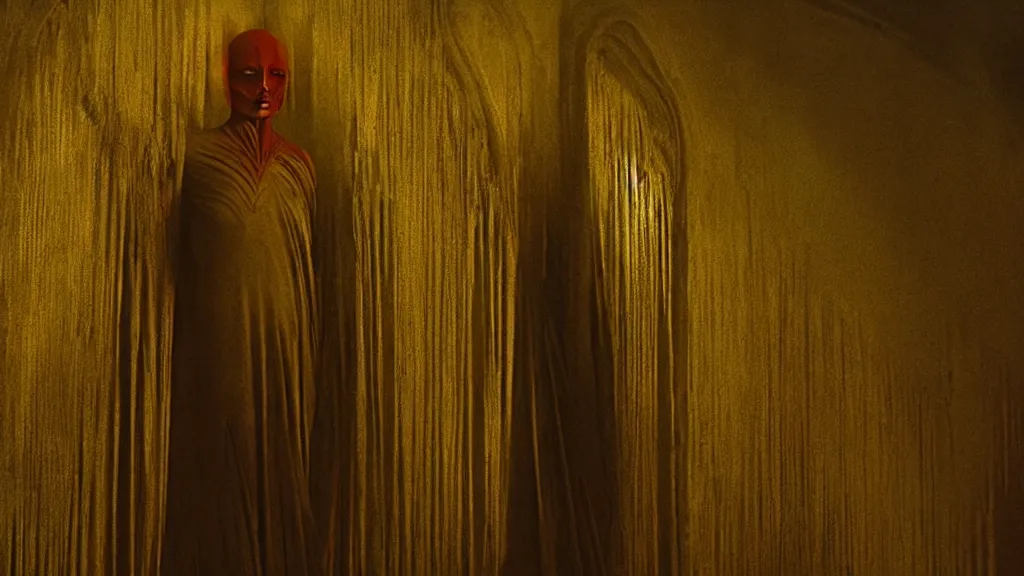 Prompt: blood drips through golden art deco, film still from the movie directed by Denis Villeneuve with art direction by Zdzisław Beksiński