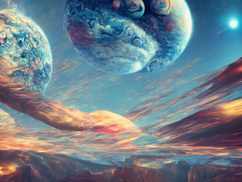 Prompt: dream of an intricate jupiter landscape with dichroic transparent colorful sphere levitating ior painting photography ultra realism full landscape polaroid photography syd mead style + insane detail + denoise + 8 k hyper realistic + octane render