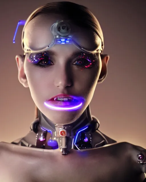 Image similar to photo of dreamy female as a solarpunk cyborg with fluorescent lamps over face, robotic body parts around neck, real human face with skin, ultra - realistic and detailed, long exposure, soft focus hdr 8 k