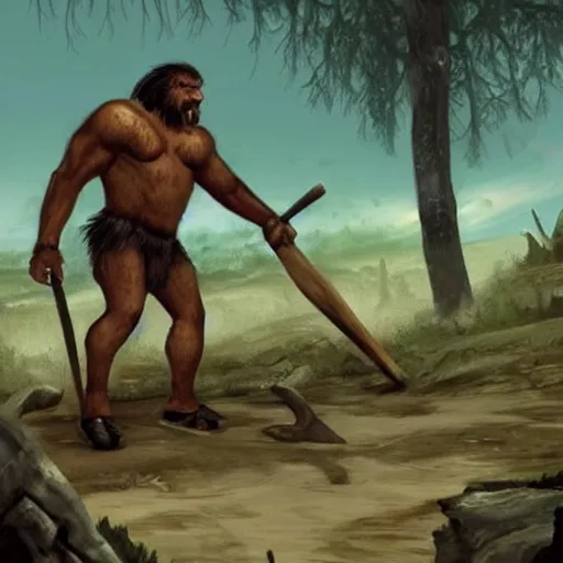 Image similar to prehistoric neanderthal superhero with a club made out of mammoth bone, epic, epical, absolutely epic, simply too epic