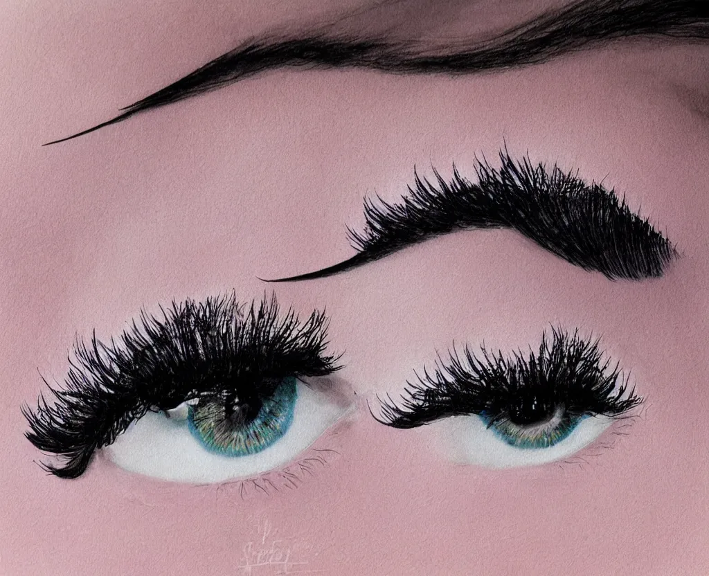 Image similar to realistic and detailed soft airbrush of female eye with eyeliner and long lashes on white background, inspired by 8 0's airbrush illustrations, art by masao saito