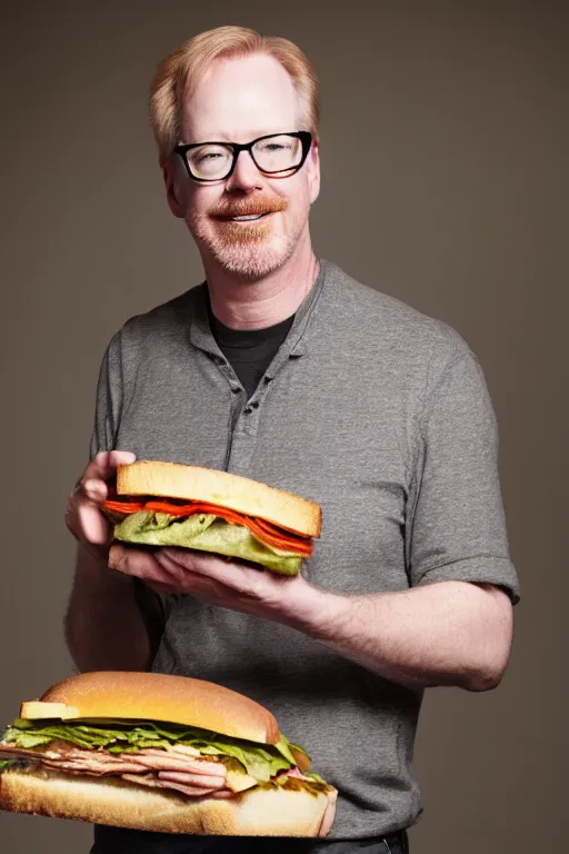 Image similar to 📷 portrait of adam savage is a sandwich, food head, still image, dynamic lighting, 4 k