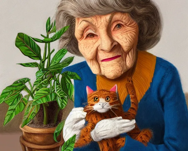 Image similar to detailed portrait of a nice old lady and her plant cat, pixar, sharp high quality