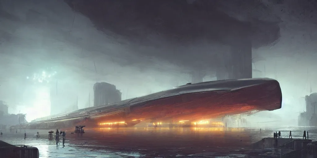 Prompt: render of huge futuristic submarine, by Ian McQue, Rutkowski, lee madgwick and hubert robert, concrete building by le corbusier on the background, puddles of water, trees and bushes, dune style, neon glow, vivid color, moody lighting, unreal engine, bright sunrise, epic skies, foggy