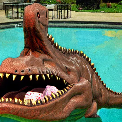 Prompt: a dinosaur is drowning in the pool