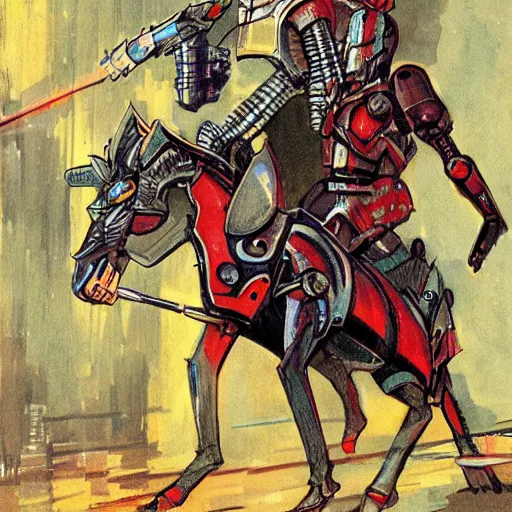 Image similar to a cybernetic knight holding a lance, riding a cyborg horse, sci fi, retro, illustrated by Richard Powers