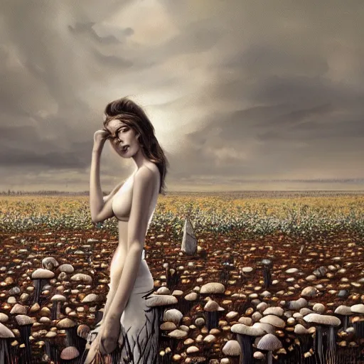 Prompt: a vogue model in a field of mushrooms, oil painting, pale colors, high detail, 8 k, wide angle, trending on artstation,