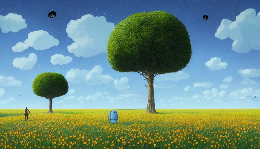 Prompt: sky full of black hexagons, no clouds, field with grass and flowers, big tree, person, matte painting, art station, blue sky, simon stalenhag