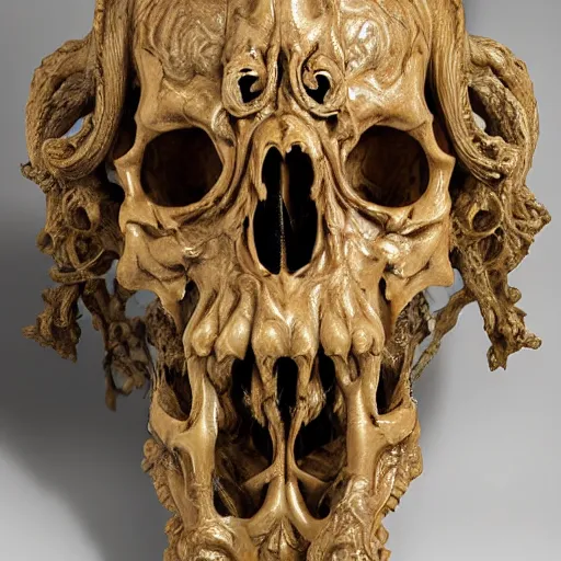 Image similar to Baroque intricately detailed marble cthulhu skull sculpture, with rococo gold details, sculpted by Bernini