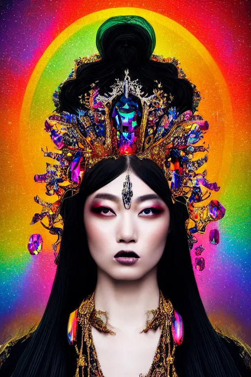 Image similar to a singular beautiful empress dramatic portrait, black hair, with a brilliant, impossible striking shiny big multi colored crystal headpiece, symmetrical, reflective surface, rainbow crystal clothes, rococo, baroque, jewels, asian, realistic, dramatic studio lighting, closeup, D&D, fantasy, intricate, elegant, highly detailed, digital painting, artstation, octane render, 8k, concept art, matte, sharp focus, illustration, art by Artgerm and Greg Rutkowski and Alphonse Mucha