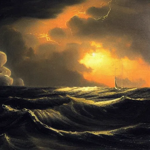 Prompt: This painting depicts a storm scene with thunder and lightning. The dark grey clouds, illuminated with electric light, swirl around the sun, which is painted bright orange. The sea is dark, and roils angrily as the storm rages. You can just make out the silhouette of a ship, being tossed by the waves, and headed towards the rocky coastline