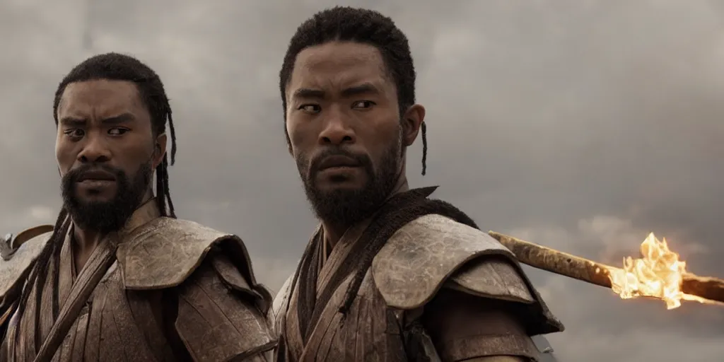 Image similar to a film still of a black man starring in a japanese blockbuster film as ancient evil samurai with fire powers, shallow depth of field, cinematic, award winning cgi, vfx, film still