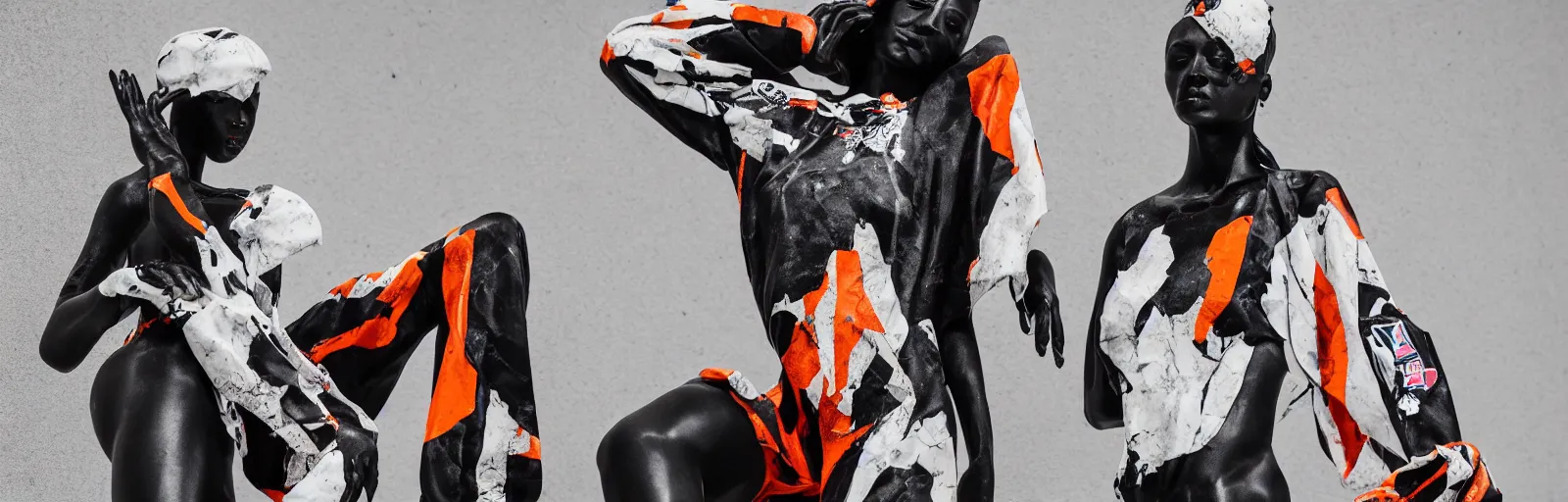 Image similar to black marble statue of a beautiful woman with colorful motocross logos in the style of virgil abloh, very very beautiful, detailed, off white, heron preston, 8 k, 4 k, detailed, beautiful, symmetrical, vogue, editorial, fashion, magazine, museum lighting, museum, gallery