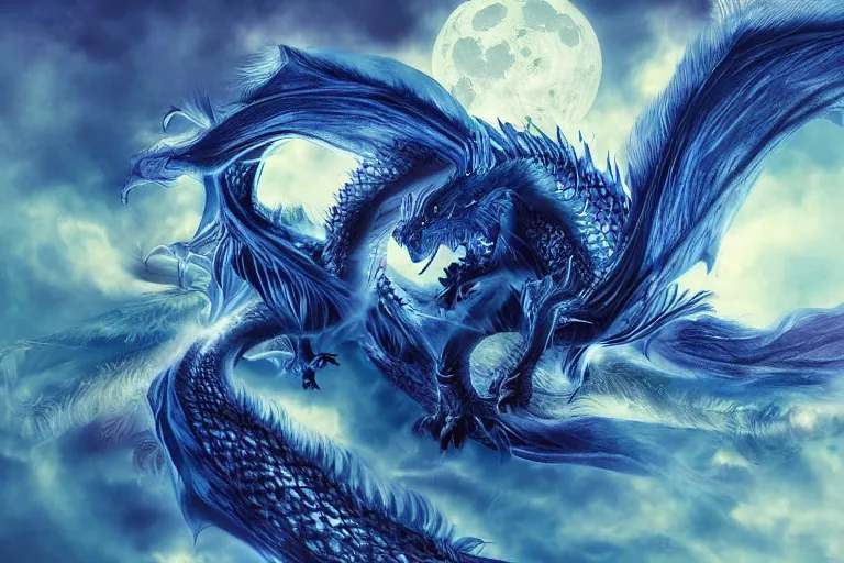 Image similar to an roaring blue and white dragon with colorful feather, digital art, moonlight, blue mist, blue smoke, close shot,