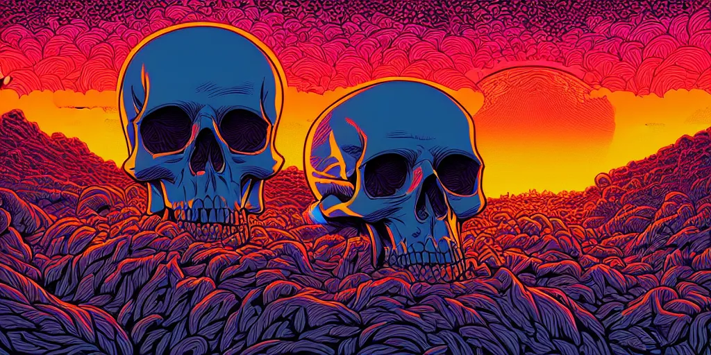 Image similar to The perfect dreamscape by Dan Mumford and Josan Gonzalez, death skull, sunset
