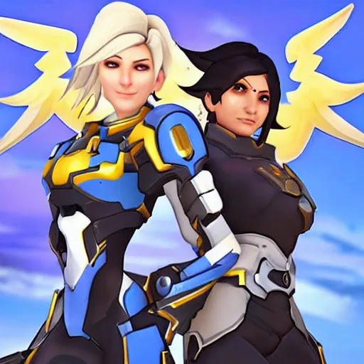 Prompt: mercy with pharah, in overwatch official style