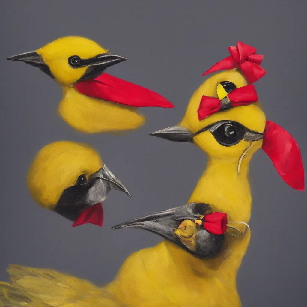 Image similar to A beautiful and elegant oil painting of a yellow bird wearing a crown and a red bow tie, 50mm lens, studio lighting, oil painting, matte, close up, 4k, by Sandro Boticceli
