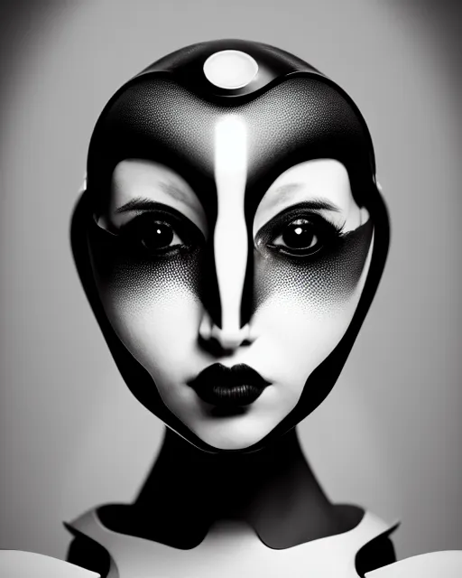 Image similar to surreal mythical dreamy dark artistic black and white fine art 3 / 4 fashion portrait photo of a young beautiful delicate female robot with orchid - owl face, rim light, cinematic, studio dramatic light, poetic, masterpiece, octane render, 8 k, photo - realistic by hg giger and man ray