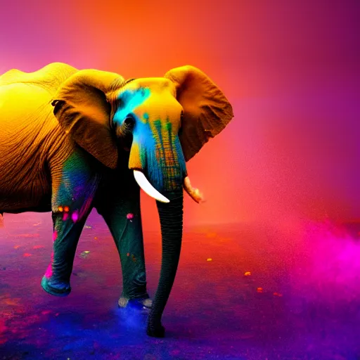 Image similar to photograph of happy elephant covered in bright-colored powder, holi, sharp focus, cinematic lighting, rim lighting, clouds of colored powder flying in the background, enhanced, 4k, hd, flickr