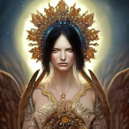 Image similar to A beautiful digital painting of a female Seraphim full of jewels, princess, the moon behind her, intricate, cinematic lighting, highly detailed, digital painting, Artstation, concept art, smooth, sharp focus, illustration, art by Tom Bagshaw, Artgerm and Greg Rutkowski