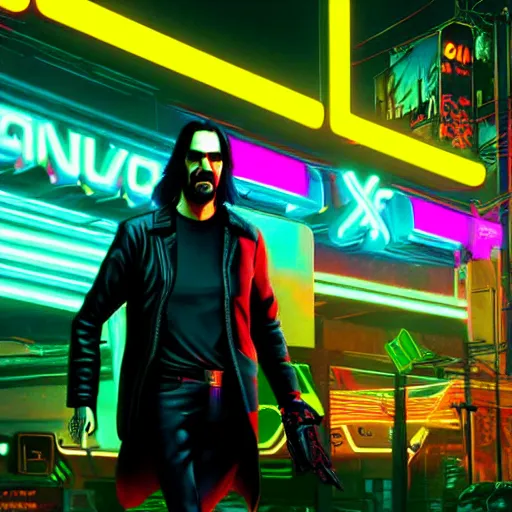 Image similar to Keanu Reeves on neon street in Cyberpunk 2077 Game, synthwave, artstation art, night, professional light