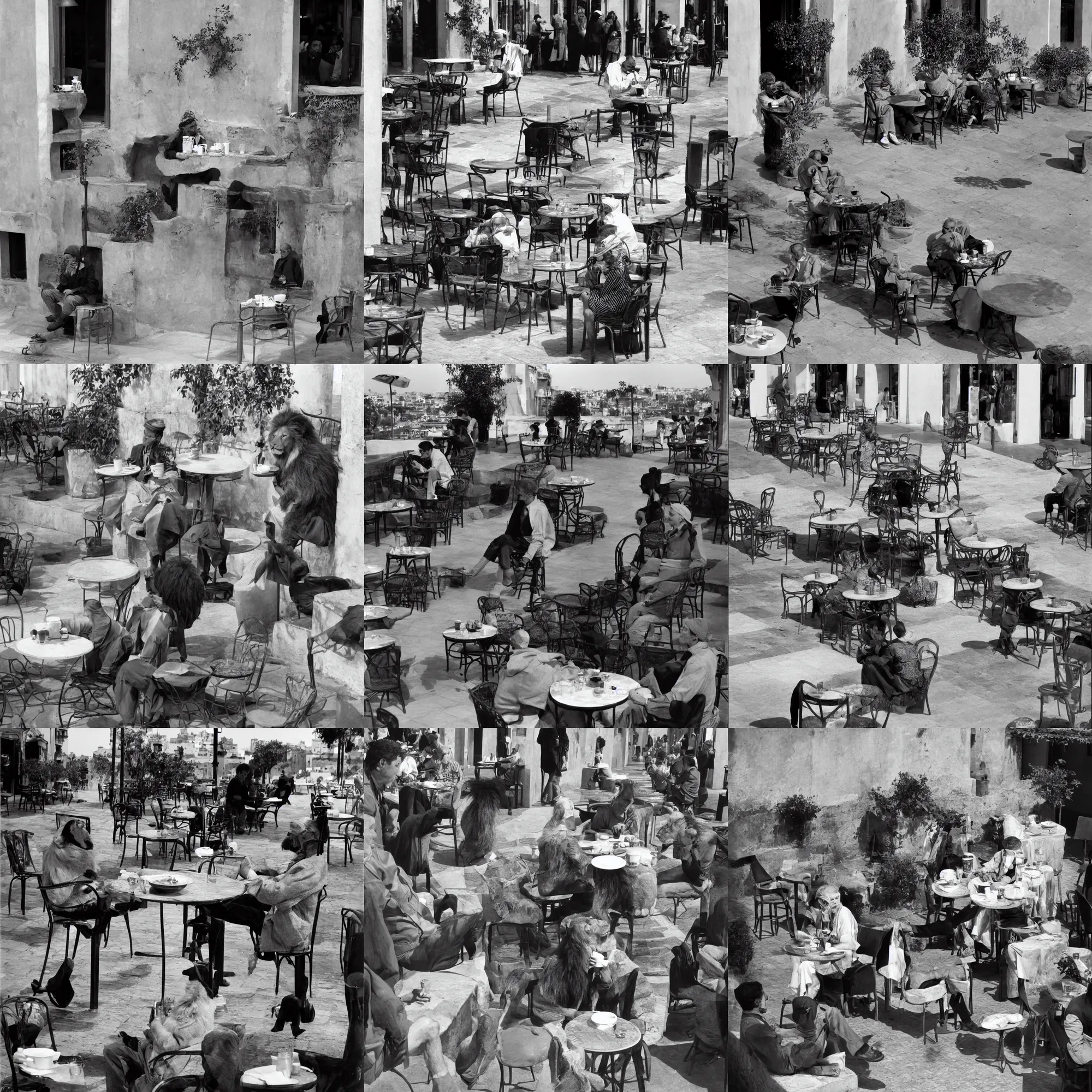 Prompt: A humanoid lion drinking a coffee at the terrace, in Rabat. Henry Cartier Bresson.