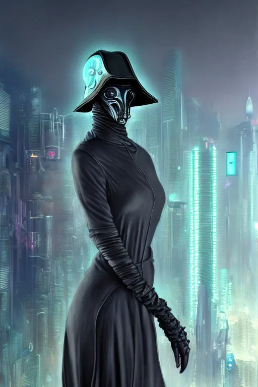 Prompt: 3 / 4 stunning photorealistic portrait of a female plague doctor in a kowloon! cyberpunk cityscape, bioluminescent biomechanical bodysuit, fractal acid rain, dark fantasy, by artgerm and sorayama and alphonse mucha, ultrarealistic, hyperdetailed, trending on artstation, octane render