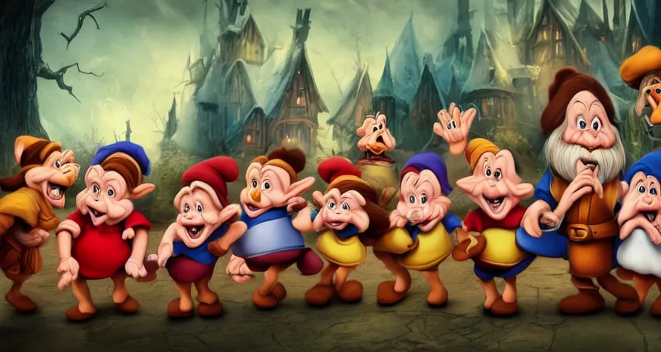 Image similar to seven dwarfs, realistic, scary, dark atmosphere, horror