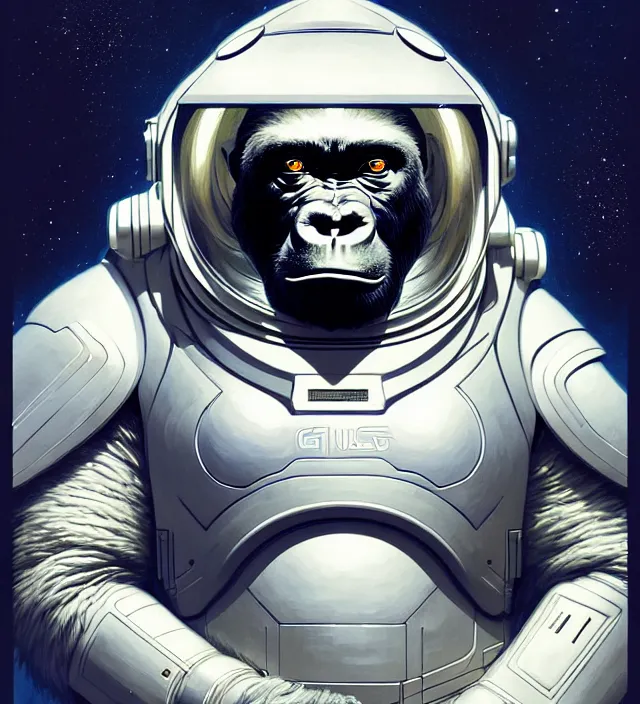 Image similar to a highly detailed science-fiction character portrait of a serious gorilla wearing a white armored space suit, intricate, wild, digital painting, artstation, concept art, smooth, sharp focus, illustration, art by artgerm and greg rutkowski and alphonse mucha, Art Nouveau