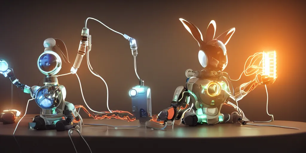 Image similar to Rabbit with robotic arm, with glowing battery on chest, in laboratory, playing doctor demon, lots of wires and glowing screen, dramatic lighting, photorealistic, cinematic lighting, high detail, cinematic feel, high octane, 4K, Unreal Engine, digital render, intricate, ultra realistic